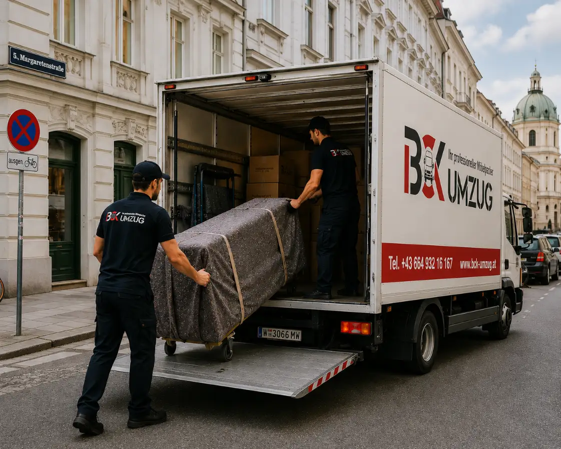 Möbelpacker von BCK Umzug verladen Möbel bei einem Umzug in Wien (Margaretenstraße)
