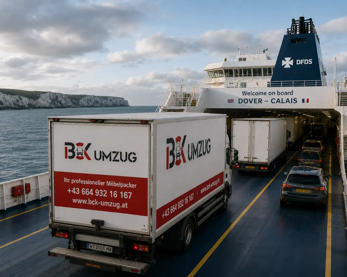 BCK Umzug LKW auf der Fähre Dover–Calais bei einem Auslandsumzug ab Wien